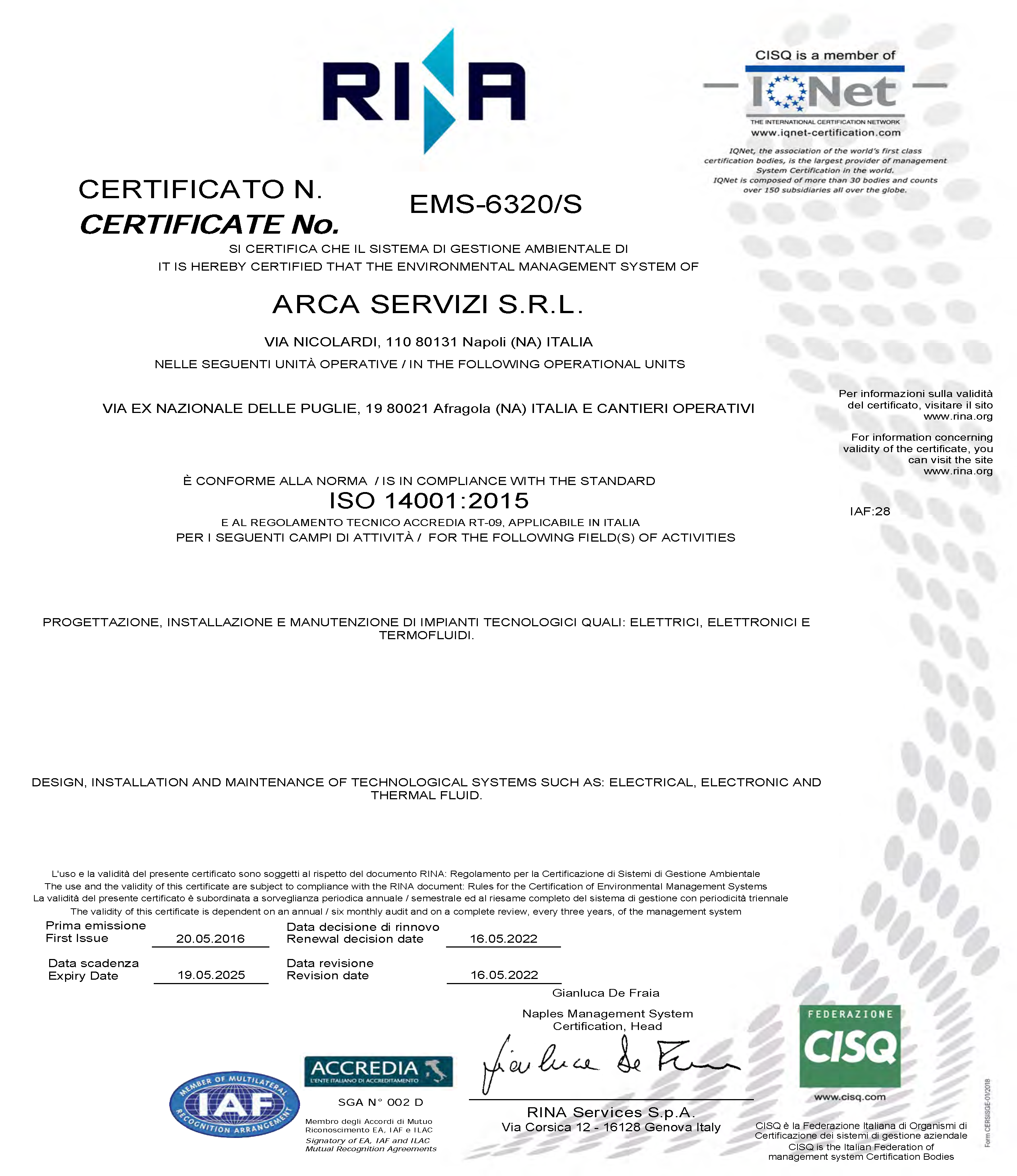 Certificato ISO 14001:2015