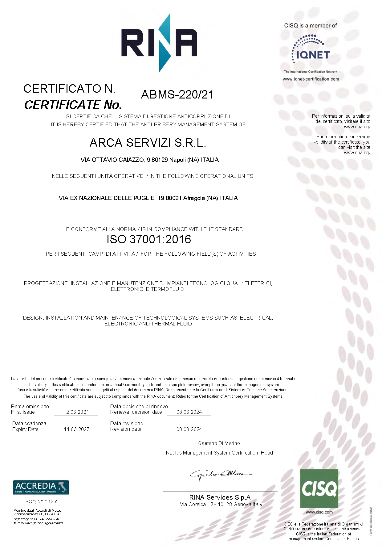 Certificato ISO 37001:2016