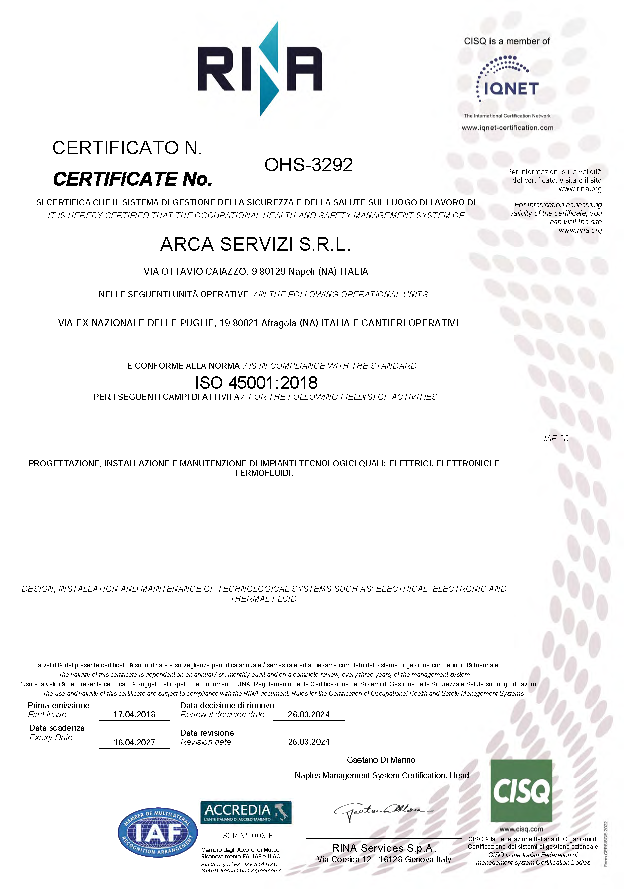 Certificato ISO 45001:2018
