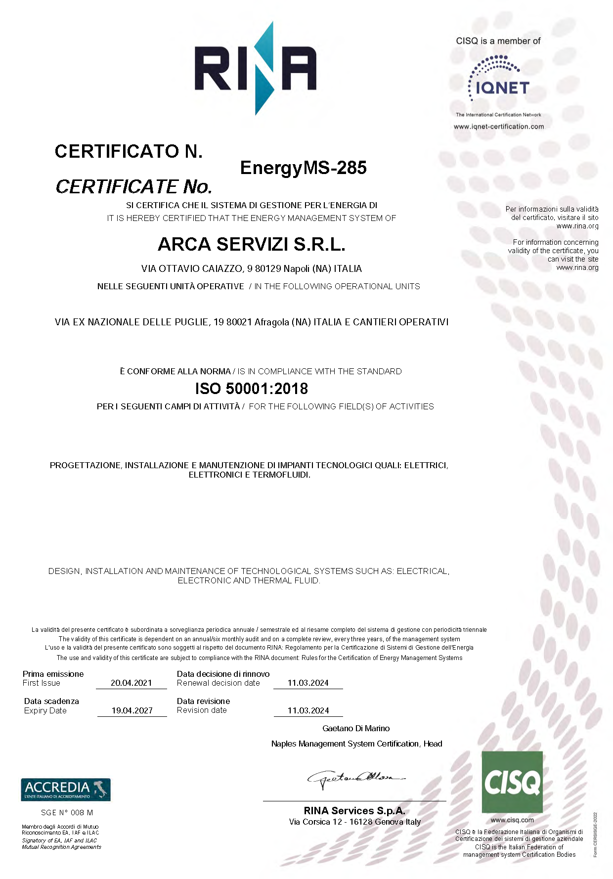 Certificato ISO 50001:2018