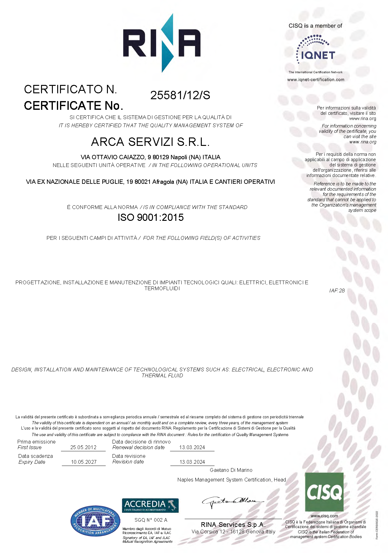 Certificato ISO 9001:2015