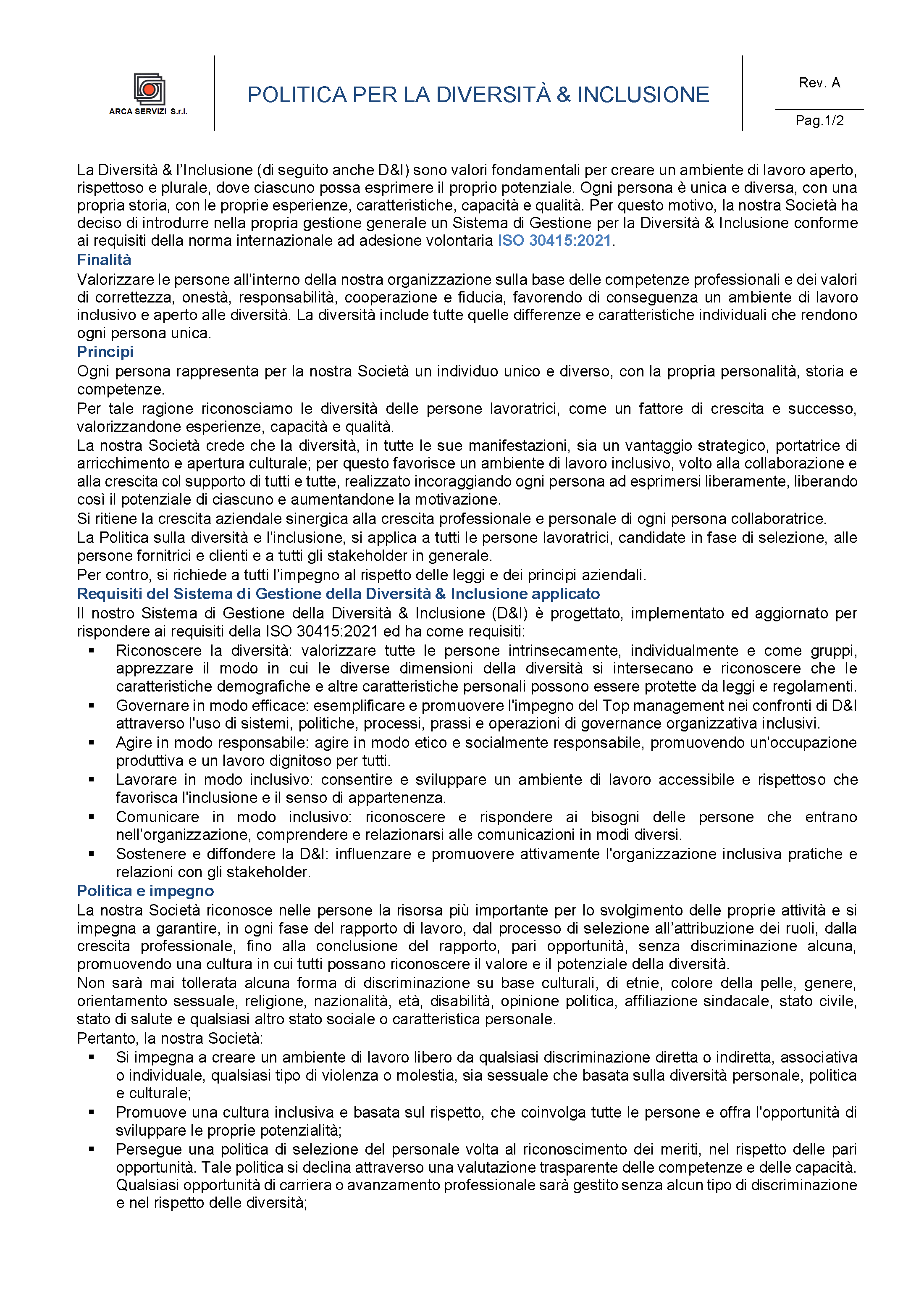 Politica Diversità e Inclusione ISO 30415 — pagina 1