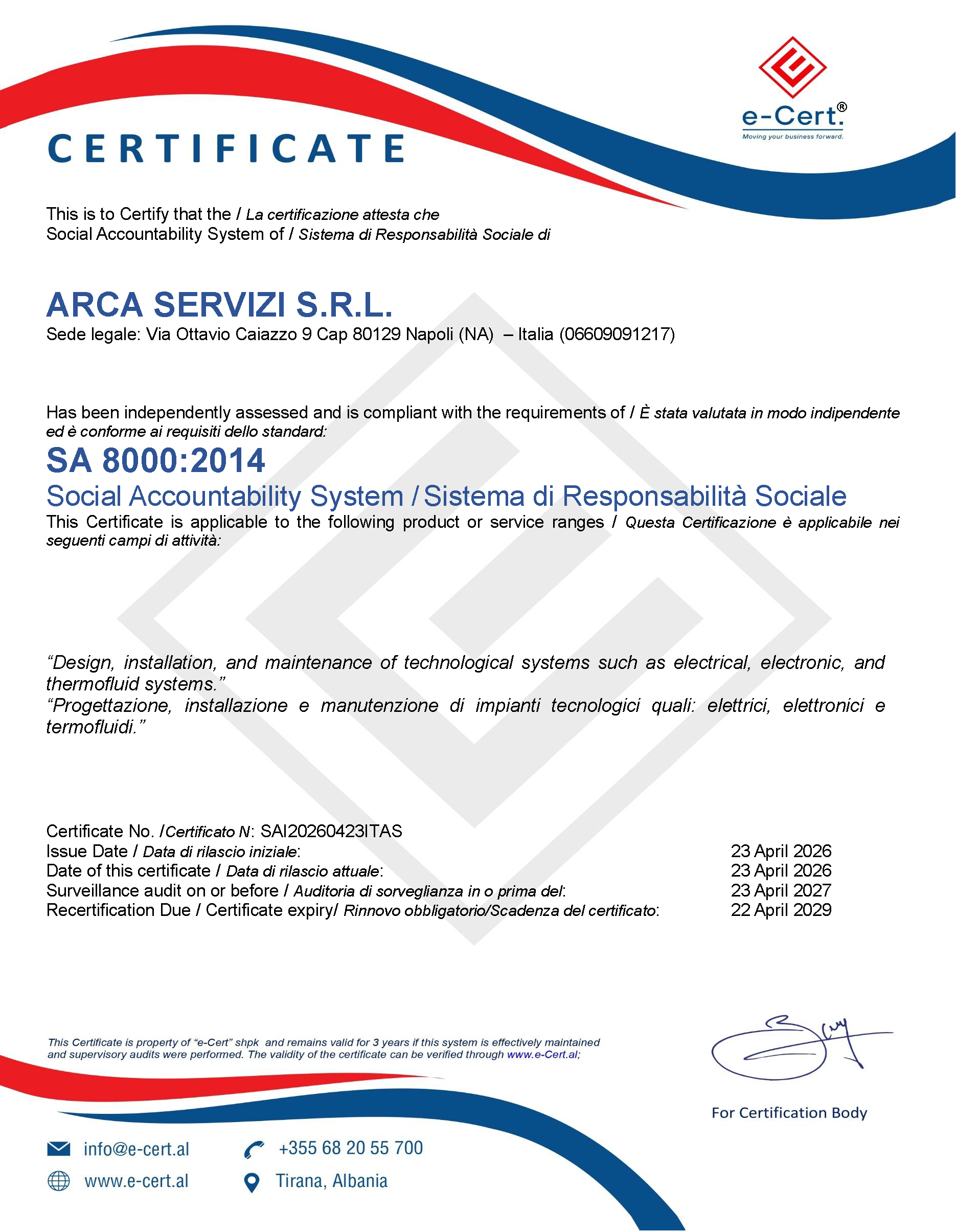 Certificato SA 8000:2014